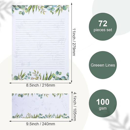 72 Pcs Leaf Theme Paper Stationery Set 36 Greenery Letterhead Paper with 36 Matching Envelope Leaves Lined Paper for Letter Elegant Letter Paper (Fresh Style,8.5 x 11 Inch, 9.5 x 4.13 Inch)