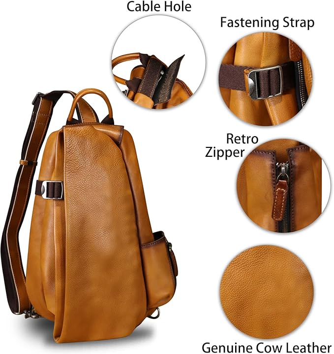 Genuine Leather Sling Bag Crossbody Purse Handmade Hiking Daypack Motorcycle Bag Retro Shoulder Backpack Vintage Chest Pack (Brown)