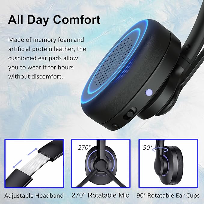 Bluetooth Headset with Noise Cancelling Microphone & Mic Mute, 30H+ Talking Time Wireless Headset V5.1 Bluetooth Headphone for Work/Ms Teams/Zoom/Cell Phone/Laptop/Call Center/Office/Home