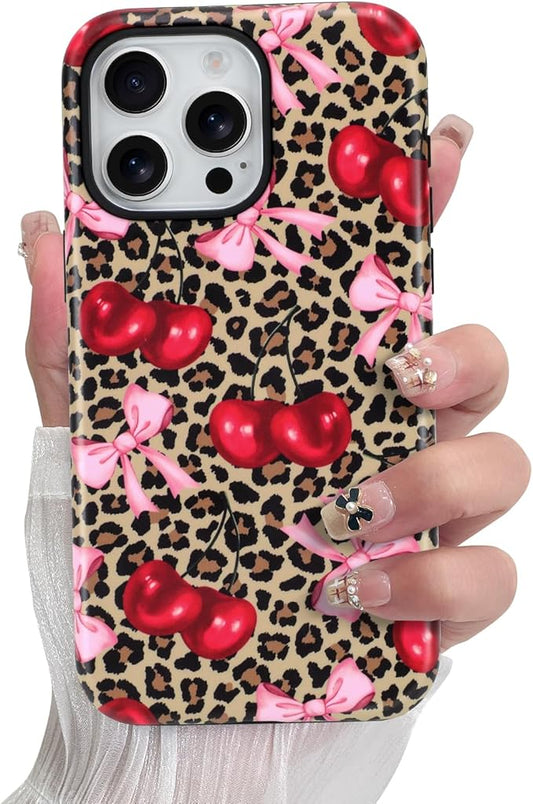 SOKAD Magnetic Cherry Bow Phone Case for iPhone 15 Pro Max, Cute Cherry Pink Bow Vintage Leopard Pattern Compatible with Magsafe Matte Protective Case Cover with Screen Protector for Girls Women
