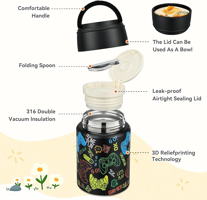 17oz Soup Thermo for Hot Food Kids Insulated Food Jar,Thermo Hot Food Lunch Container, Width Mouth Stainless Steel Lunch Box for Kids with Handle Folding Spoon(Black - Game Console)