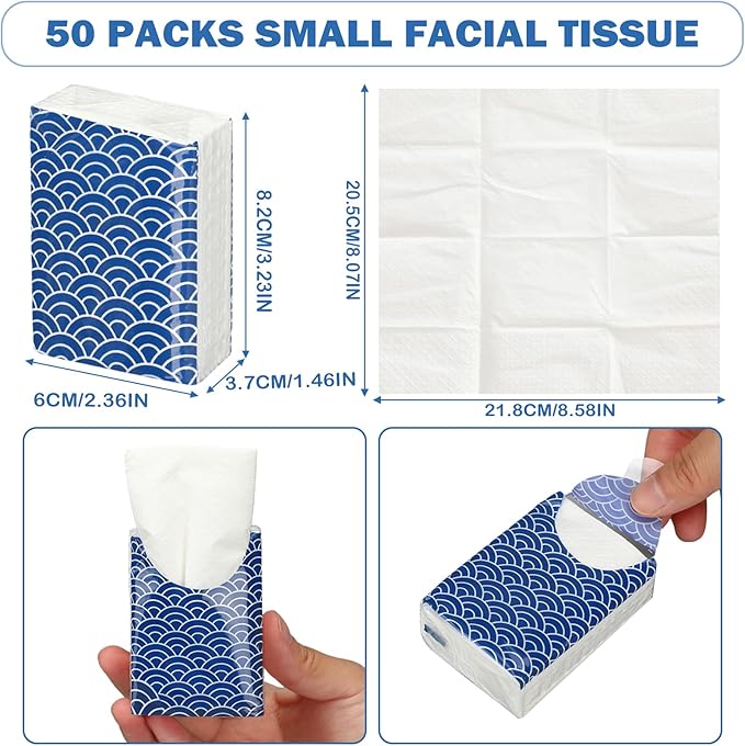 Ctosree 50 Pack Japanese Pocket Tissues Travel Packs Bulk 500 Sheet Small Tissues Pocket Packs Party Favors 3 Ply Mini Individual Travel Size for Allergy Camping
