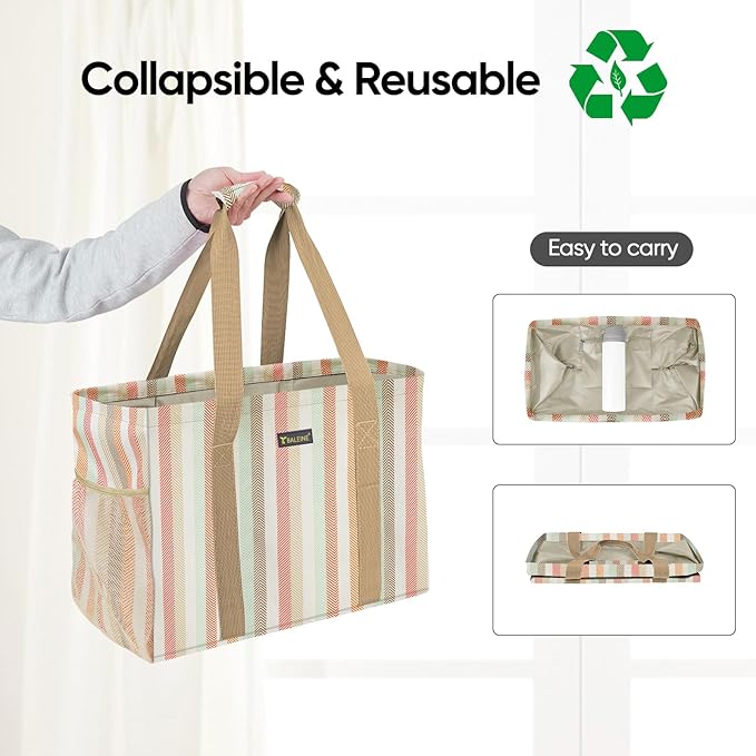 BALEINE Extra Large Utility Tote Bag with Wire Frame for Storage (Color Strip, 16.5''x14''x10'')