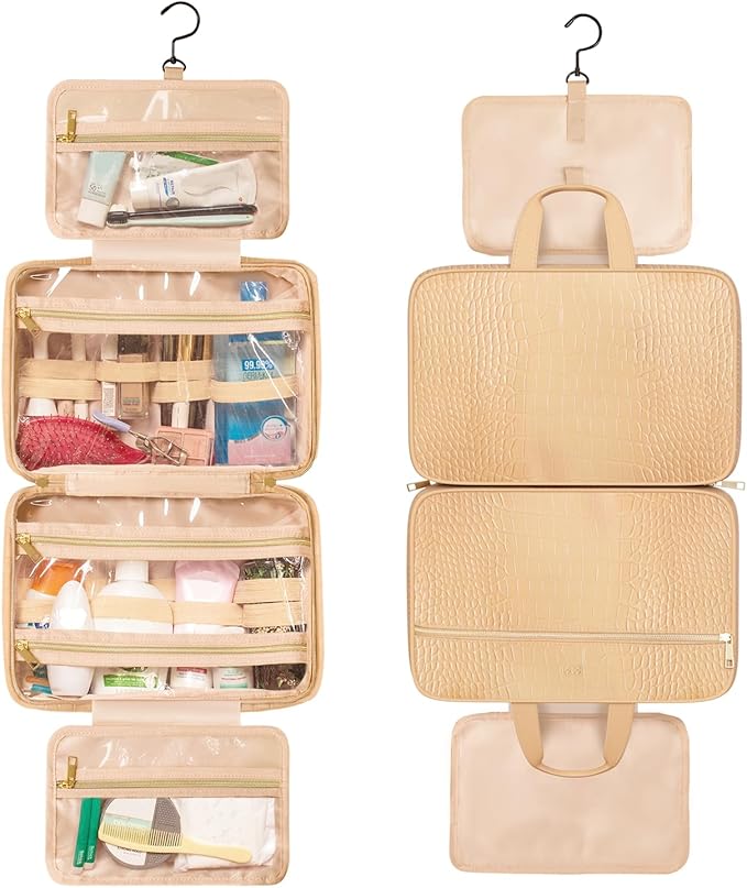 Dot&Dot Spacious Leather Toiletry Bathroom Bag - Hanging Travel Toiletry Bag for Women - Men's & Women's Toiletries Makeup and Cosmetic Organizer for Traveling Women