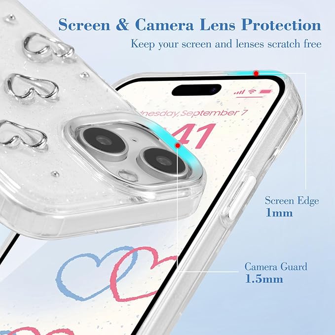 EYZUTAK Case for iPhone 14 Plus, Bling Glitter 3D Hearts Phone Case Cute Sparkly Crystal Clear Heart Aesthetic Design Case Slim Soft Durable TPU Transparent Protective Cover for Women Girls - Heart