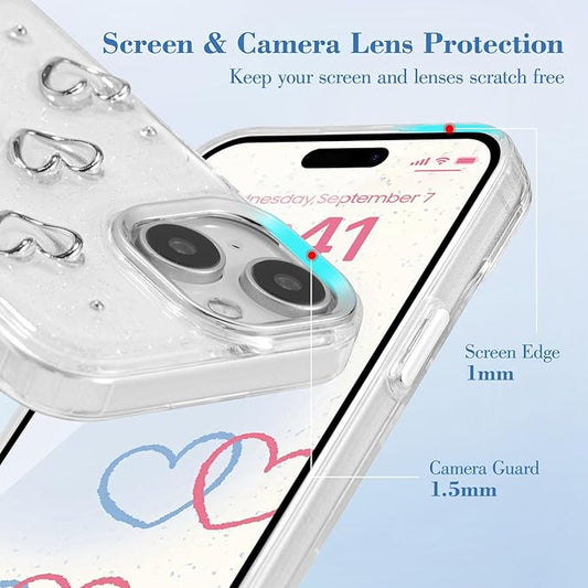 EYZUTAK Case for iPhone 14 Plus, Bling Glitter 3D Hearts Phone Case Cute Sparkly Crystal Clear Heart Aesthetic Design Case Slim Soft Durable TPU Transparent Protective Cover for Women Girls - Heart