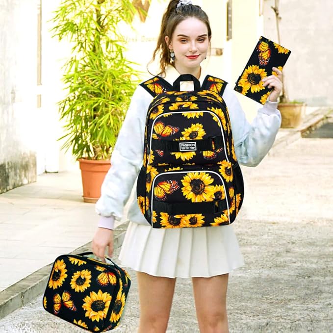 3Pcs Backpack for Girls Boys, 17 Inch School Bookbag with Lunch Box, Durable Laptop Backpacks Set for Teens College