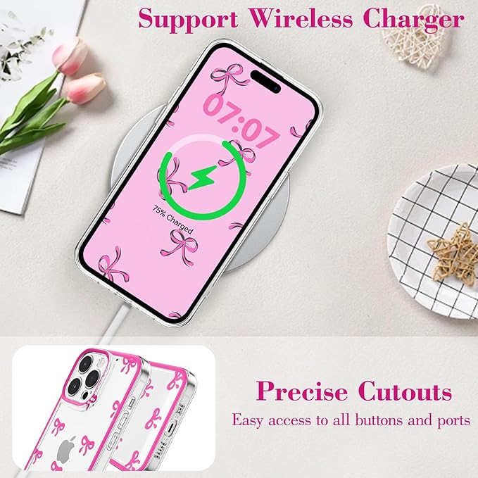 EYZUTAK Case for iPhone 13 Pro, Clear Cute Ribbon Bowknot Pattern Aesthetic Transparent Phone Case Raised Camera Protection Stylish Slim Soft Durable TPU Protective Cover for Women Girls - Rose Red