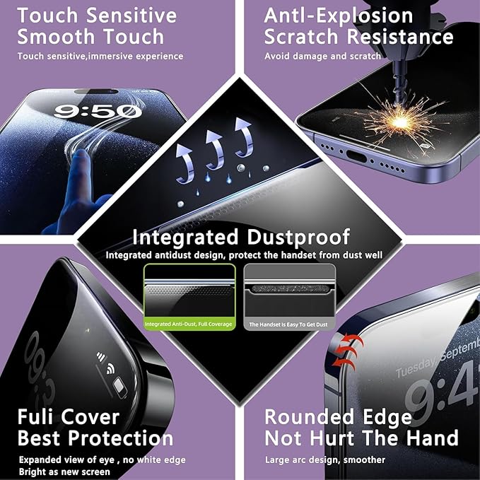 Privacy Screen Protector for iPhone 17, iPhone 16 Pro 6.3-Inch, Auto Dust Removal, 9H Tempered Glass, Full Cover, Anti-Fingerprint, Easy Installation,2 Pack