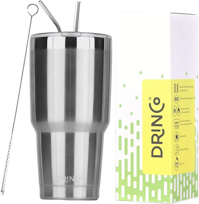 Drinco - 30 oz Stainless Steel Tumbler | Double Walled Vacuum Insulated Mug With Lid, 2 Straws, For Hot & Cold Drinks (30oz Stainless Steel, 30oz)