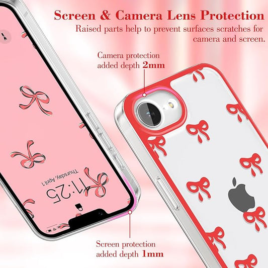 EYZUTAK Case for iPhone 16e, Clear Cute Ribbon Bowknot Pattern Aesthetic Transparent Phone Case Raised Camera Protection Stylish Slim Soft Durable TPU Protective Cover for Women Girls - Red