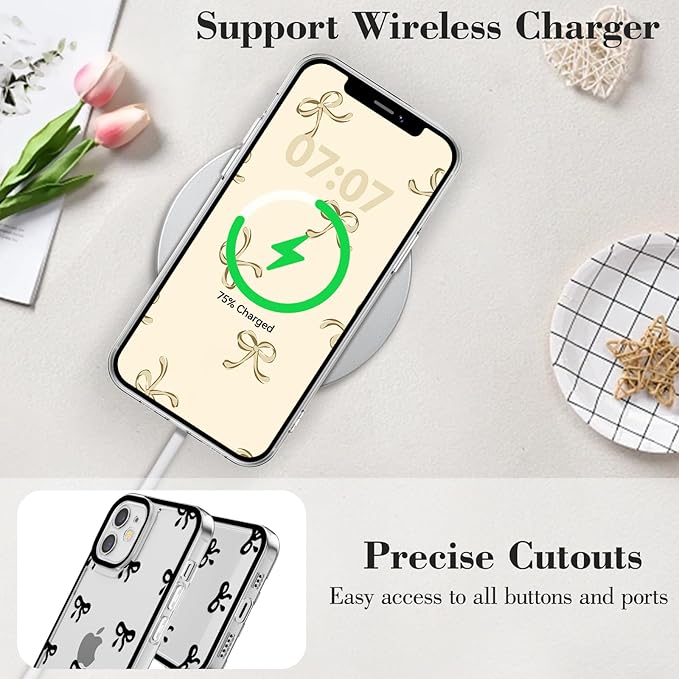 EYZUTAK Case for iPhone 12, Clear Cute Ribbon Bowknot Pattern Aesthetic Transparent Phone Case Raised Camera Protection Stylish Slim Soft Durable TPU Protective Cover for Women Girls - Black