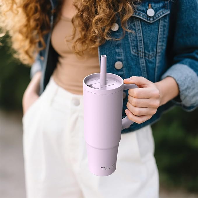 TILUCK 30 oz Tumbler with Handle, Vacuum Insulated Stainless Steel Travel Mug with 100% Leak-Proof Silicone Straw Lid, Cupholder Friendly Water Bottle(LightPurple, 30oz)