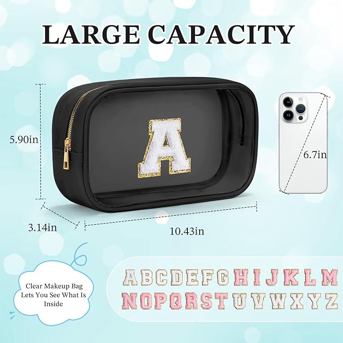 YOOLIFE Travel Clear Makeup Bag Toiletry Bag, Make up Bag Waterproof Toiletry Bags for Women Cosmetic Bag Birthday Gifts for Women Personalized Mother Girlfriend Wife Bridesmaid Gifts Black Letter C