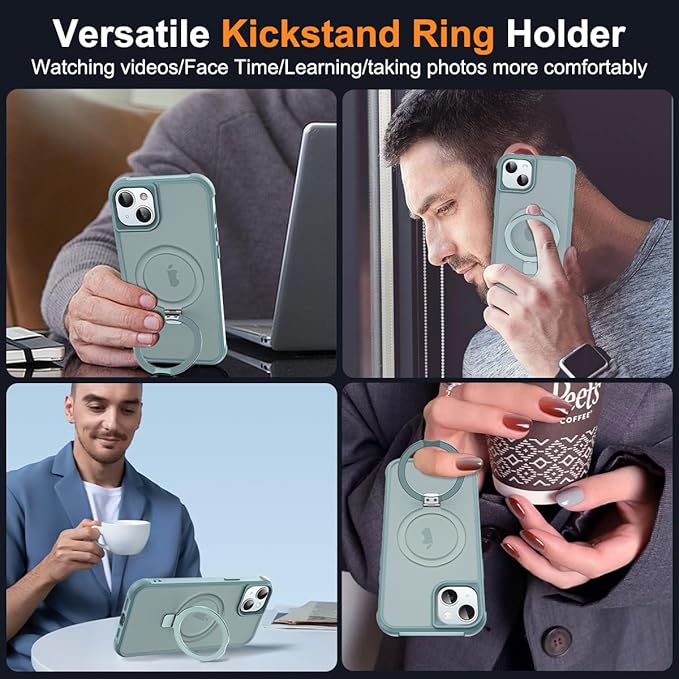 Compatible with iPhone 14 Plus Case with Invisible Magnetic O-Ring Stand Military-Grade Translucent Case for iPhone 14 Plus 6.7" [Compatible with Mag-Safe][Great Grip Feeling], Blue