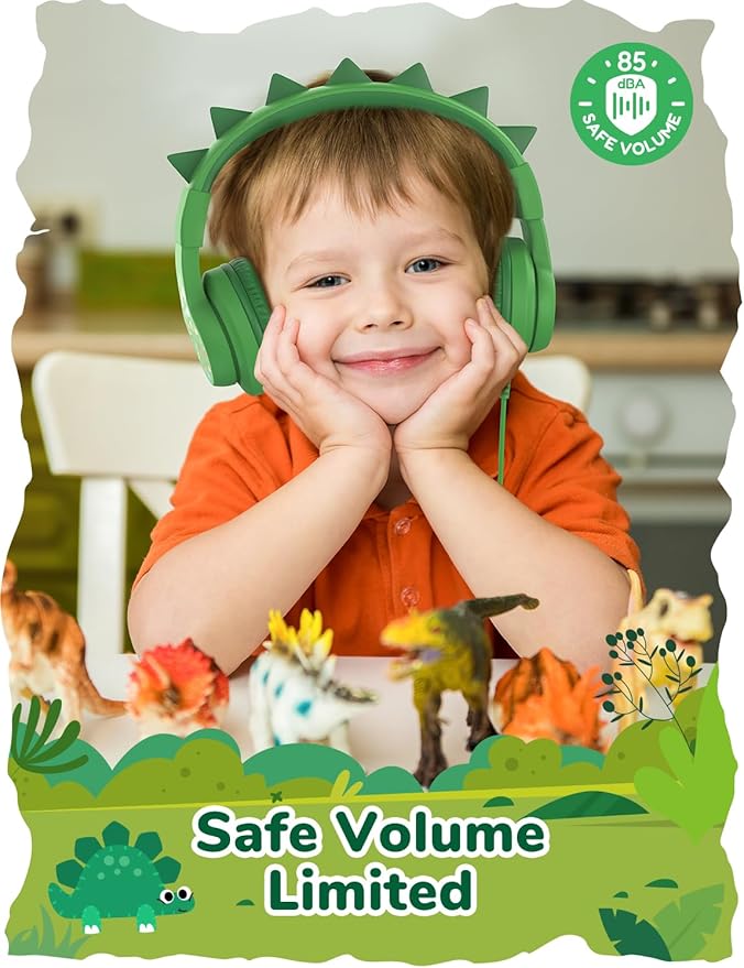 iClever Kids Headphones for School Travel, Safe Volume 85dBA, Stereo Sound Over-Ear for Kid, Foldable 3.5mm Wired Dinosaur Headphones for iPad Computer, HS19S