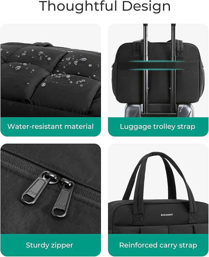 BAGSMART Gym Bag for Women, 24L Puffer Travel Duffle Bag for Travel with Laptop Compartment, Weekender Bags for Women, Carry On Duffel Bag Personal Item Bag, Black