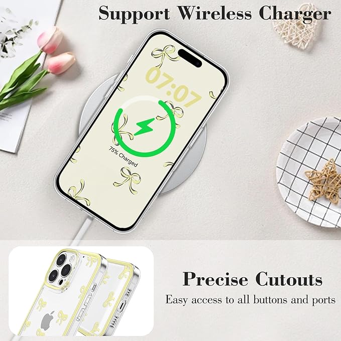 EYZUTAK Case for iPhone 16 Pro, Clear Cute Ribbon Bowknot Pattern Aesthetic Transparent Phone Case Raised Camera Protection Stylish Slim Soft Durable TPU Protective Cover for Women Girls - Yellow