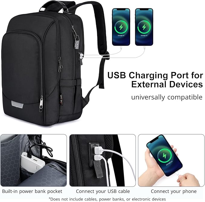 Laptop Backpack for Men & Women - USB Charging Port Anti Theft Water Resistant Business College Backpack Fits 15.6 Inch Laptop,Black 30L