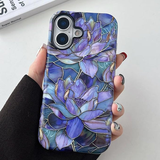 QLTYPRI Flower Case for iPhone 16 Plus, Aesthetic Cute Floral Phone Case for Girls Women, Protective Hybrid 2-Layer Hard Shell Silicone Cover Durable Shockproof Phone Cover - Purple Lotus