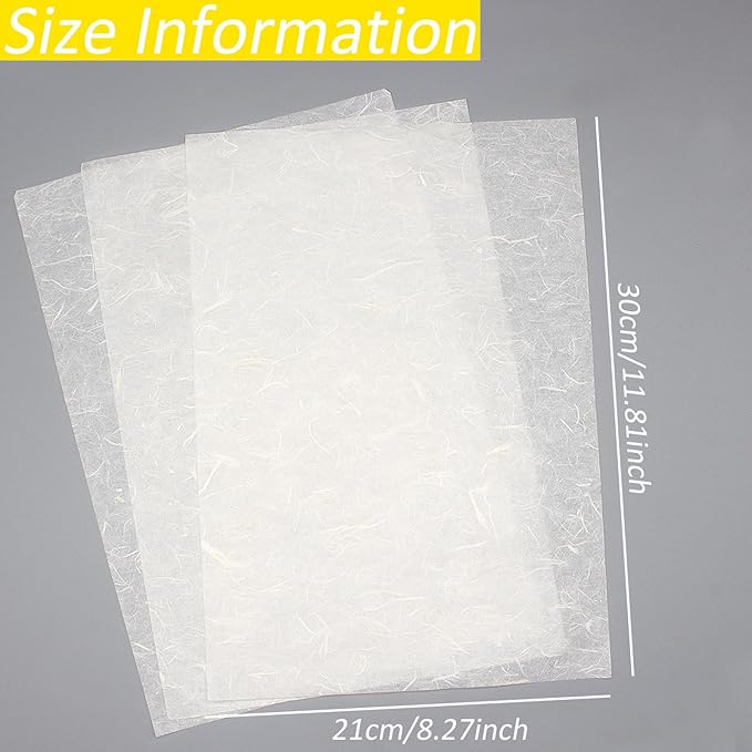 Benvo 50 Sheets A4 Natural Mulberry Paper Visible Plant Fibers Rice Paper Printable Decoupage Tissue Paper Sheets for Writing, Painting, Card Making, DIY Crafts(8.3x11.7in, Semi Transparent Off White)