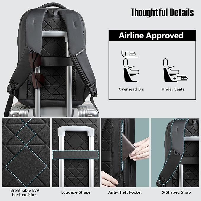 Laptop Backpack for Men, 16 Inch Travel Business Backpack with USB Charging Port, Anti Theft Commuter Work backpack, Water Resistant Computer Bag Bookbag for College Weekender, Black