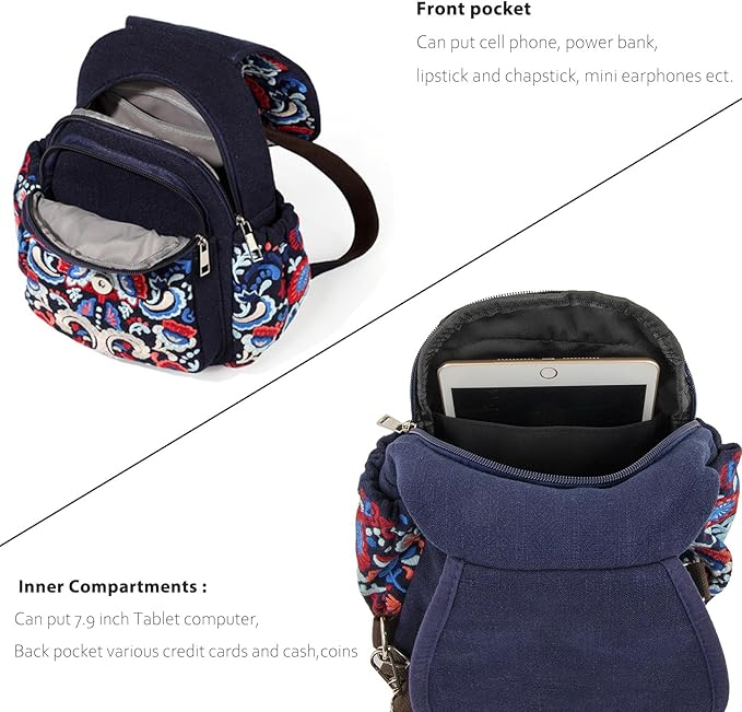 SILKAREA Vintage Embroidered Floral Ethnic Backpack for Women Handbag Shoulder Bag Mini Travel Purse (Embroidered Blue)