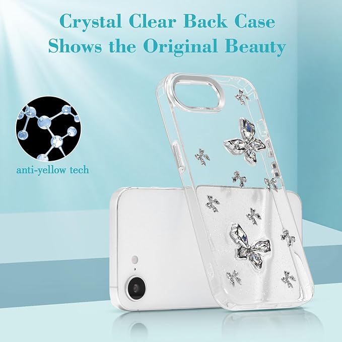 EYZUTAK Case for iPhone 16e, Bling Glitter 3D Butterflies Bowknot Phone Case Cute Crystal Clear Bow Aesthetic Case Slim Soft Durable TPU Transparent Protective Cover for Women Girls - Butterfly