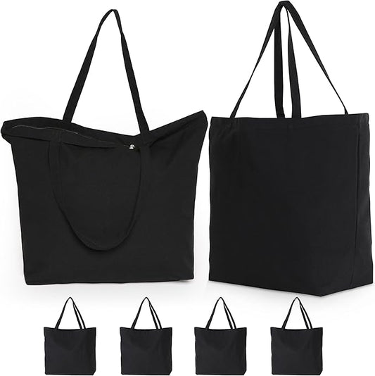 Koolmox 6Pack 22x16x7.8'' 12Oz Heavy Duty Canvas Tote Bag with Zipper, Reinforced Handles Wide Bottom, Large Canvas Bag, Extra Big Grocery Shopping Beach Reusable Totes Bags Vacation Bags Plain Black