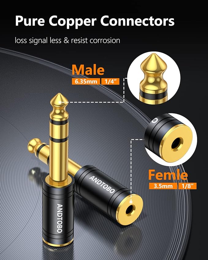 ANDTOBO 1/4 inch Male to 3.5mm Female Stereo Audio Jack Pure Copper Adapter for Headphone, Amp, 2 Pack-Black