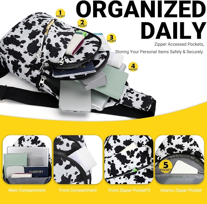 Crossbody Bags for Women, Sling Bag for Men, Small Hiking Backpack Anti Theft Lightweight for Outdoors Travel （M, Cow Print）