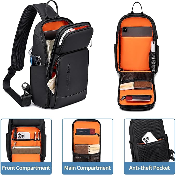 FENRUIEN Crossbody Sling Bag for Men, Water Resistant One Shoulder Backpack, Black Side Bag for Travel