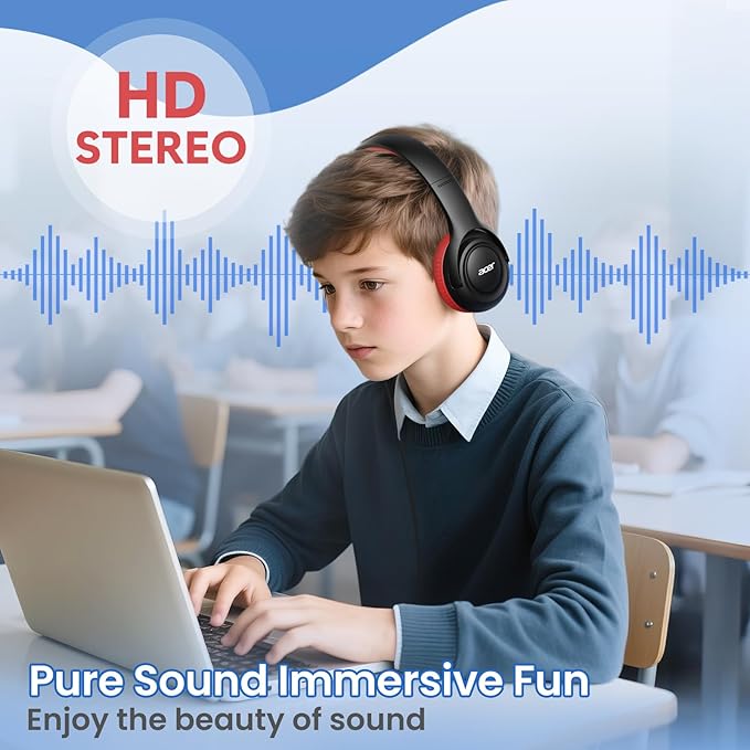 acer Kids Headphones Wired for School - Over-Ear 85/94dB Volume Limiter, 3.5mm Jack Foldable Stereo Sound Headset for Toddlers Girls Boys Travel Learning Entertainment Tablet Kindle iPad PC Black Red