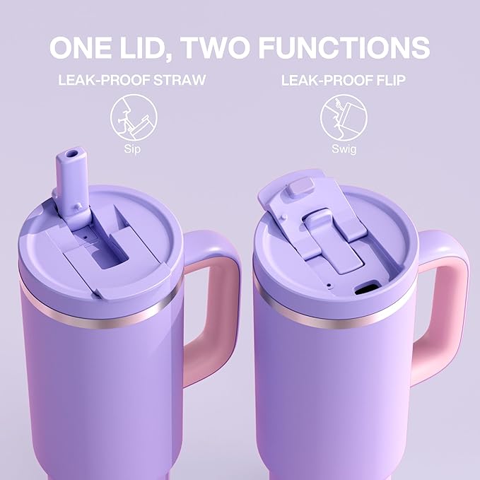 40 oz Tumbler with Handle and Straw: Stainless Steel Insulated Tumbler Keeps Cold for 24 Hours, Leakproof Travel Cup Fits in Cup Holder and BPA-Free, Mauve
