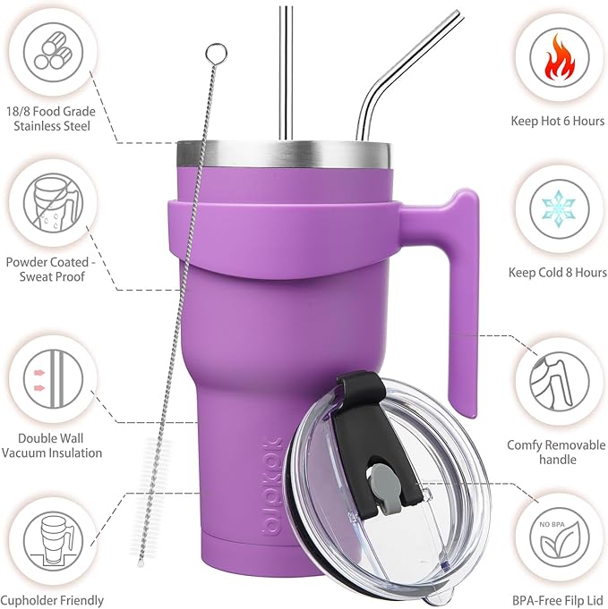 BJPKPK 30 oz Tumbler With Handle Stainless Steel Insulated Tumbler With Lid And Straw Travel Coffee Cups For Women And Men,Lavender
