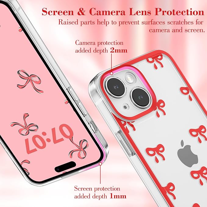 EYZUTAK Case for iPhone 15, Clear Cute Ribbon Bowknot Pattern Aesthetic Transparent Phone Case Raised Camera Protection Stylish Slim Soft Durable TPU Protective Cover for Women Girls - Red