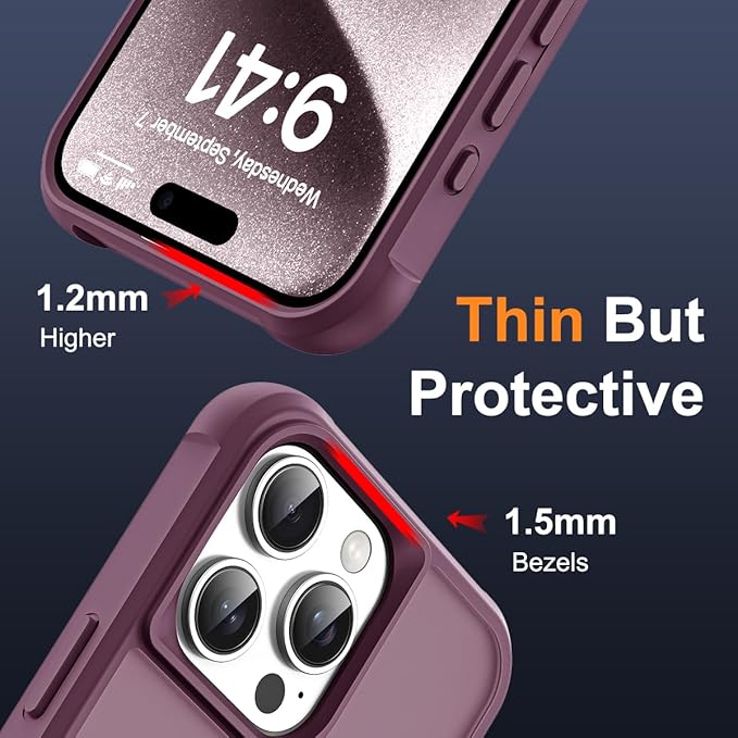 Compatible with iPhone 15 Pro Case with Invisible Magnetic O-Ring Stand Military-Grade Translucent Case for iPhone 15 Pro 6.1" [Compatible with Mag-Safe][Great Grip Feeling], Wine Red