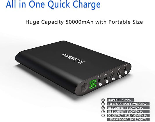 Krisdonia 50000mAh Laptop Power Bank 5/9/12/16/19/20V Portable Laptop Battery Charger with QC3.0 USB-A Port & 12V Type-C Port for Laptop, Tablet, Smartphone and More Devices