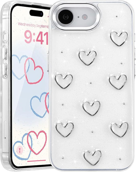 EYZUTAK Case for iPhone 16e, Bling Glitter 3D Hearts Phone Case Cute Sparkly Crystal Clear Heart Aesthetic Design Cover Slim Soft Durable TPU Transparent Protective Cover for Women Girls - Heart