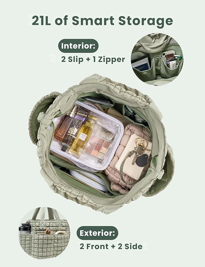 Yarnic Large Puffer Tote Bag for Women, Lightweight 21L Bag with 7 Pockets for School, Travel, Work, Gym Overnight Use