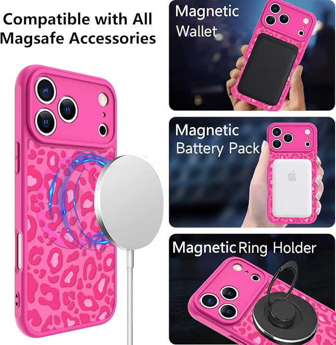 KANGHAR Case Compatible with iPhone 17 Pro Max Hot Pink Leopard Printed Pattern [Compatible with Magsafe] Cute Cheetah Protective Magnetic Case for Girls Women 6.9"