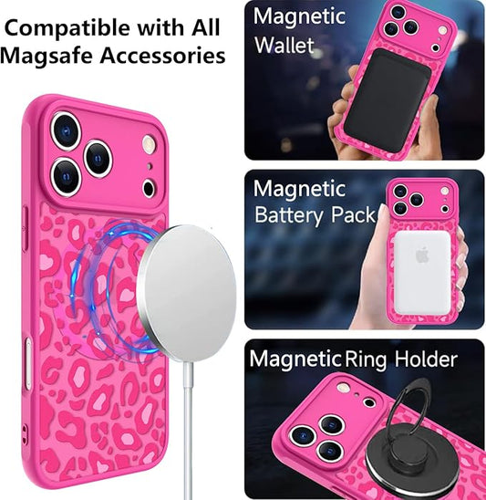KANGHAR Case Compatible with iPhone 17 Pro Max Hot Pink Leopard Printed Pattern [Compatible with Magsafe] Cute Cheetah Protective Magnetic Case for Girls Women 6.9"