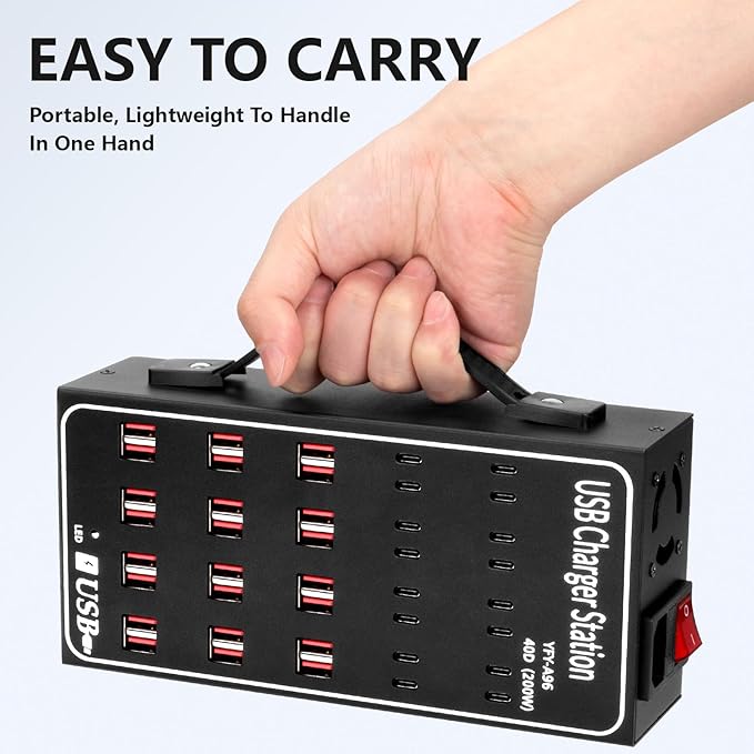 Multiple USB Charging Station, RUANSZZ 40 Port 200 Watt (40A) USB~C Charger Block with Power Switch, Multiple USB Desktop Charger Station, Suitable for Shops, Hotels, Schools, Shopping malls