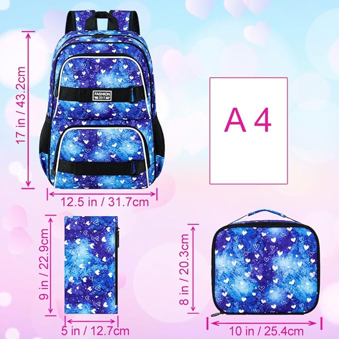 3Pcs Backpack for Girls Boys, 17 Inch School Bookbag with Lunch Box, Durable Laptop Backpacks Set for Teens College