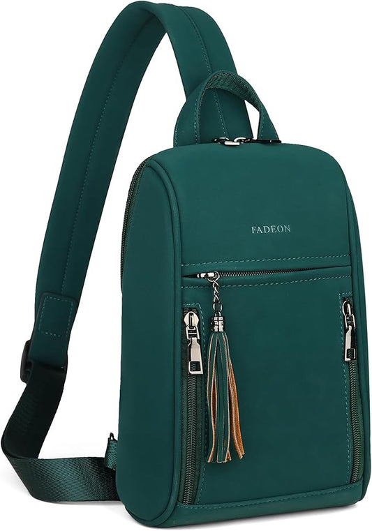 FADEON Sling Bag for Women, Crossbody Purse with Tassels, Designer Leather Shoulder Chest Bags for Travel
