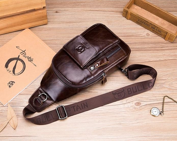 BULLCAPTAIN Genuine Leather Men Sling Bag Travel Crossbody Chest Bag Large Capacity Casual Hiking Daypack