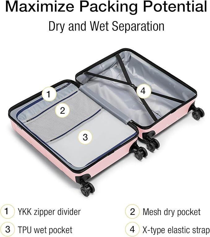 KYME Pink Hardside Expandable Carry On Luggage 22x14x9 Airline Approved 20 Inch Hardshell Carry On Suitcase with Wheels TSA Lock Small Travel Rolling Luggage with Cup Holder for Women