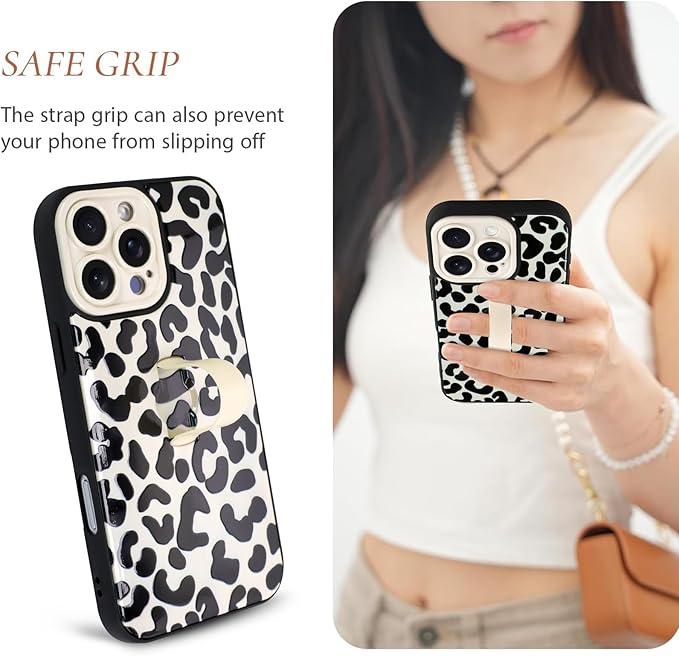 Compatible with iPhone 16 Pro Case with Finger Hand Strap Kickstand, Trendy Cool Leopard Cheetah Phone Case for Women Men, Full Camera Protection Shockproof Protective Cover, White Black