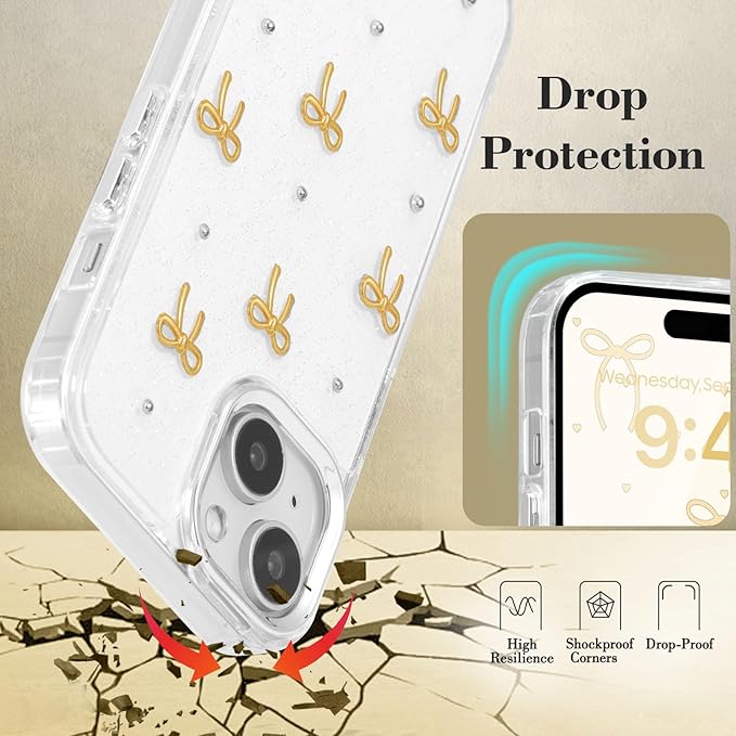 EYZUTAK Case for iPhone 14 Plus, Bling Glitter 3D Bowknot Phone Case Cute Sparkly Crystal Clear Bow Aesthetic Design Case Slim Soft Durable TPU Transparent Protective Cover for Women Girls - Gold Bow