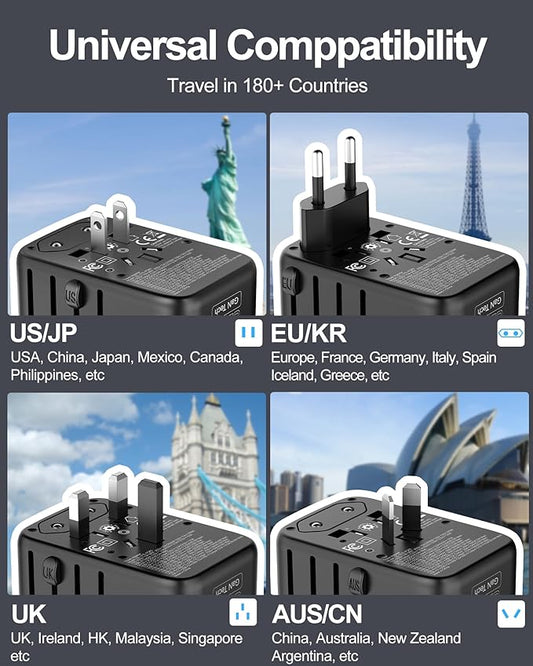 Universal Travel Adapter, 120W GaN International Power Plug Adapter, 5 USB Ports and 1 AC Outlet, All-in-One Travel Charger for 200+Countries, Fast Charging All USB & Dual Voltage Devices